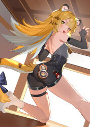 Rule 34 | 1girl, :3, absurdres, animal ears, back, bare shoulders, black gloves, black shorts, blonde hair, blue bow, bow, claw pose, commentary request, elbow gloves, fang, fingerless gloves, flat chest, from behind, gloves, green eyes, high-waist shorts, highres, ju fufu, multicolored hair, open mouth, shorts, shoulder blades, smile, socks, streaked hair, tail, tail bow, tail ornament, thighs, tiger ears, tiger girl, tiger tail, white hair, white socks, yueyueyue yao, zenless zone zero