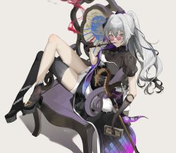 1girl absurdres alternate_costume asymmetrical_legwear banknote black_dress black_gloves black_shoes black_thighhighs breasts bronya_zaychik bronya_zaychik_(heart_of_the_night) bronya_zaychik_(silverwing:_n-ex) china_dress chinese_clothes crossed_legs dress gloves grey_background grey_eyes grey_hair highres holding honkai_(series) honkai_impact_3rd long_hair looking_at_viewer looking_over_eyewear looking_over_glasses medium_breasts money pipe_in_mouth ponytail purple-tinted_eyewear purple-tinted_glasses round_eyewear shoes short_shorts shorts simple_background single_sock single_thighhigh sitting_sideways smoking_pipe socks solo staff sunglasses thighhighs thighs tinted_eyewear white_shorts yukizawa_xueze