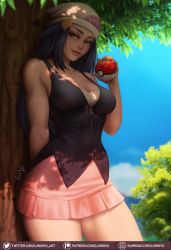 1girl against_tree arm_behind_back artist_name beanie blue_eyes blue_hair breasts come_hither commentary cowboy_shot creatures_(company) curvy dappled_sunlight dawn_(pokemon) dress english_commentary eyelashes game_freak gumroad_username hair_ornament half-closed_eyes hat heart heart_hair_ornament highres holding holding_poke_ball large_breasts long_hair luminyu nintendo outdoors parted_lips patreon_username poke_ball pokemon pokemon_dppt shade signature sleeveless sleeveless_dress solo sunlight thighs tree twitter_username watermark web_address white_hat zipper_pull_tab