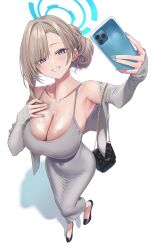 1girl absurdres asuna_(blue_archive) bag black_shoes blonde_hair blue_archive blue_eyes blue_halo blue_nails breasts cellphone cleavage collarbone covered_navel dongtan_dress dress full_body grey_dress grin hair_bun halo handbag hidis0086 highres holding holding_phone jewelry large_breasts looking_at_viewer meme_attire mole mole_on_breast necklace phone shoes simple_background smartphone smile solo standing tight_clothes tight_dress white_background