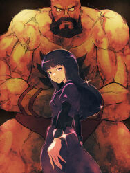 1boy 1girl beard blunt_bangs dress facial_hair full_beard high_score_girl highres looking_at_viewer muscular muscular_male oono_akira panties pectorals purple_dress purple_hair red_eyes red_panties shredded_muscles street_fighter topless_male underwear veins veiny_arms yuenibushi zangief
