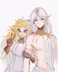1boy 1girl arm_tattoo blonde_hair blush chest_tattoo dungeon_meshi elf fleki gloves gorget grabbing_another&#039;s_arm green_eyes grey_hair hair_around_ear hair_tubes highres holding_another&#039;s_arm long_hair low_twintails lycion notched_ear pointy_ears purple_eyes simple_background sleeveless sngmyqng2 tattoo topless_male tunic twintails v white_background