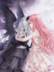 2girls angel_wings artist_request bare_arms bare_shoulders black_collar black_scrunchie black_shawl black_wings bobo_(miracle_nikki) chain closed_eyes closed_mouth cloud cloudy_sky collar cowboy_shot dark_bobo_(miracle_nikki) detached_collar dress feathered_wings feathers floral_print frilled_dress frills fur_shawl game_cg grey_dress grey_lips hair_ornament hair_scrunchie heads_together high_collar highres hug light_particles lipstick long_hair makeup miracle_nikki multiple_girls nikki_(nikki) nikki_(series) official_art pale_skin petticoat pink_hair pleated_dress pointy_nose rose_print scrunchie shawl short_dress sidelocks sky sleeveless sleeveless_dress smile standing strapless strapless_dress third-party_source twintails very_long_hair wavy_hair white_dress white_hair wings