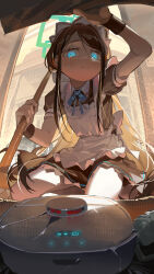 1girl absurdres apron aris_(blue_archive) aris_(maid)_(blue_archive) black_dress black_hair blue_archive blue_eyes crack dress glowing glowing_eyes halo highres holding holding_mop kneeling long_hair maid maid_apron maid_headdress mop official_alternate_costume omurice_(304975636) robotic_vacuum_cleaner short_sleeves sidelocks teardrop very_long_hair white_apron wrist_cuffs