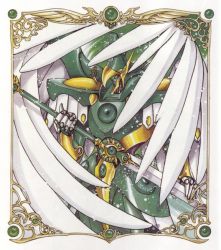 1990s_(style) 1girl bird clamp hououji_fuu magic_knight_rayearth mashin mecha retro_artstyle robot size_difference sword weapon wind windam windam_(rayearth)