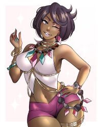 Rule 34 | 1girl, absurdres, aqua gemstone, aqua nails, bead necklace, beads, breasts, brown hair, commentary, dangerousbride, dark-skinned female, dark skin, diamond (gemstone), diamond earrings, earrings, female focus, gem, halter shirt, halterneck, hand on own hip, highres, jewelry, large breasts, looking at viewer, navel, neck ring, necklace, nintendo, olivia (pokemon), one eye closed, parted lips, pink gemstone, pink lips, pokemon, pokemon sm, purple shorts, short hair, shorts, simple background, smile, solo, thighlet, wink, z-ring