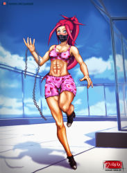 Rule 34 | 1girl, abs, arm at side, artist name, black mask, bloomers, blush, bodysuit, boots, bow, bow bloomers, bra, breasts, brown eyes, capcom, chain, cleft of venus, clenched hands, collarbone, day, delinquent, embarrassed, eyelashes, female focus, fingernails, full body, hand up, heart, heart print, high ponytail, highres, himezaki aoi, holding, holding chain, humiliation, justice gakuen, legs, long hair, looking down, mask, medium breasts, midriff, moero! justice gakuen, navel, neck, outdoors, parted bangs, patreon, pink bloomers, pink bra, ponytail, red hair, ribbon bloomers, sagaraart, shiny skin, shiritsu justice gakuen, sidelocks, sky, spiked hair, standing, standing on one leg, thigh gap, thighs, torn bodysuit, torn clothes, underwear, underwear only, very long hair, wardrobe malfunction, wide-eyed