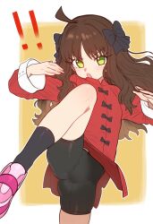 ! !! 1girl absurdres ahoge arima_miyako bike_shorts black_bow black_socks bow breasts brown_hair chinese_clothes ebora fighting_stance green_eyes hair_bow highres jacket kicking leg_up long_hair long_sleeves melty_blood non-web_source open_mouth pink_shoes red_jacket shoes shorts small_breasts sneakers socks solo tangzhuang thighs tsukihime