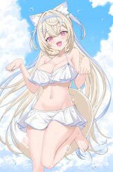 1girl animal_ear_fluff animal_ears bare_shoulders barefoot bikini blonde_hair blue_eyes breasts cleavage collarbone cowboy_shot dog_ears dog_girl fang fuwawa_abyssgard highres hololive hololive_english large_breasts multicolored_hair navel paradox_(hatto_air) pink_hair skin_fang solo standing standing_on_one_leg streaked_hair swimsuit two-tone_hair two_side_up virtual_youtuber water_drop white_bikini