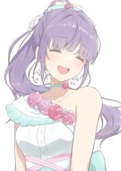 Rule 34 | 1girl, :d, ^ ^, absurdres, aqua choker, blush, breasts, choker, closed eyes, collarbone, commentary request, dress, earrings, facing viewer, flower, flower-trimmed dress, flower choker, flower earrings, frilled dress, frills, hair flower, hair ornament, high ponytail, highres, jewelry, link! like! love live!, long hair, love live!, medium breasts, official alternate costume, open mouth, otomune kozue, pink flower, pink rose, ponytail, purple hair, rose, sidelocks, simple background, single-shoulder dress, single bare shoulder, smile, solo, upper body, virtual youtuber, white background, white dress, yume wazurai, zacuro