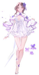 1girl anklet bare_legs breasts brooch brown_hair cape_hold capelet check_copyright cleavage commentary_request copyright_request detached_sleeves dress eyelashes flower flower_brooch frilled_dress frills full_body grey_eyes hair_flower hair_ornament highres jewelry knees korean_commentary light_blush long_hair long_sleeves looking_at_viewer low_neckline nail_polish okku open_mouth original purple_flower purple_nails sandals short_dress simple_background sleeves_past_wrists small_breasts smile solo strapless strapless_dress teeth toenail_polish toenails white_background white_capelet white_dress white_sandals white_sleeves