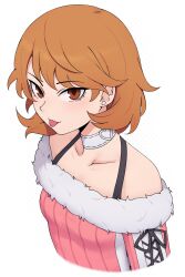 1girl :p bare_shoulders breasts brown_eyes brown_hair choker collarbone commentary cropped_torso cross-laced_clothes cross-laced_sleeves cross-laced_sweater dress earrings edmonmondo english_commentary flipped_hair fur-trimmed_sweater fur_trim halterneck heart heart_choker highres jewelry light_blush looking_at_viewer off-shoulder_dress off_shoulder official_alternate_costume persona persona_3 pink_sweater ribbed_sweater short_hair small_breasts solo strap stud_earrings sweater takeba_yukari tongue tongue_out upper_body white_background white_choker