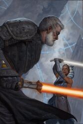 1boy 1girl ahsoka_tano alien baylan_skoll beard dark-skinned_female dark_skin energy_sword erik_gist facial_hair grey_hair highres holding holding_sword holding_weapon lightsaber orange_lightsaber short_hair star_wars star_wars:_ahsoka sword togruta weapon white_lightsaber