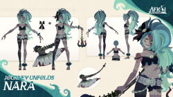 Rule 34 | 1girl, afk (series), afk journey, aqua hair, asymmetrical clothes, axe, bandaged arm, bandaged leg, bandaged neck, bandages, barbed wire, barefoot, battle axe, belt, black bow, black pants, black shirt, bow, character name, closed mouth, collarbone, colored skin, commentary, copyright name, cowboy shot, crop top, cuffs, ear piercing, earrings, english commentary, eyelashes, facing away, feet, green eyes, grey skin, hair bow, hair ornament, highres, holding, holding axe, holding weapon, jewelry, long hair, looking at viewer, midriff, multiple views, nara (afk), navel, official art, open mouth, pants, parted bangs, piercing, profile, reference sheet, scar, scar on arm, scar on face, scar on forehead, scar on leg, scar on neck, scar on stomach, shirt, side ponytail, sidelocks, single pantsleg, skull hair ornament, sleeveless, sleeveless shirt, smile, spiked belt, spiked cuffs, spikes, standing, stitched mouth, stitches, stomach, strap slip, teeth, toes, torn clothes, torn pants, v-shaped eyebrows, very long hair, weapon, white belt, yellow background