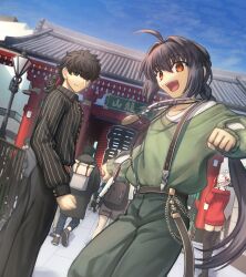 1girl 2boys belt black_pants black_pantyhose blue_sky braid braided_ponytail coat collared_shirt fate/grand_order fate/samurai_remnant fate_(series) green_coat hair_between_eyes hair_bun hairband highres japanese_clothes jewelry kaminarimon lamppost lantern long_sleeves looking_at_another miyamoto_iori_(fate) miyamoto_musashi_(fate) multiple_boys necklace open_mouth orange_eyes outdoors pants pantyhose pink_hair ponytail red_sweater shirt shoori_(migiha) sky sweater takeuchi_takashi_(style) topknot yamato_takeru_(fate)