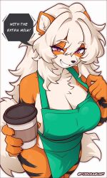 1girl animal_ears apron arcanine artist_name breasts cleavage cup disposable_coffee_cup disposable_cup furry furry_female gen_1_pokemon grin highres holding holding_cup large_breasts long_hair looking_at_viewer naked_apron nintendo parted_lips pokemon pokemon_(creature) purple_eyes simple_background smile solo tail teeth white_background white_hair yorusagiart