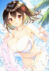 1girl bare_arms blue_sky blush breasts brown_hair cleavage collarbone colored_inner_hair commentary_request crossed_bangs day flower green_hair hair_flower hair_ornament holding holding_swim_ring innertube large_breasts looking_at_viewer marker_(medium) multicolored_hair navel ocean original outdoors pink_innertube red_eyes red_flower scrunchie sky smile swim_ring swimsuit thingtng_(sgma7424) traditional_media two-tone_hair water_drop wrist_scrunchie