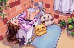 Rule 34 | 1girl, absurdres, arm around leg, bathroom, blue carpet, brown eyes, brown hair, carrot hair ornament, cat, character doll, commentary, doll, faucet, food-themed hair ornament, frog, fruiitlins, full body, gen 1 pokemon, hair ornament, hanging plant, highres, in bathtub, leaning back, leg up, long hair, mandrake, offlinetv, pikachu, pink sweater, plant, potted plant, rabbit, shoes, sneakers, solo, stuffed animal, stuffed toy, sweater, tile wall, tiles, tinakitten, towel, v