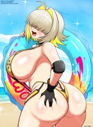 1girl absurdres ahoge ass beach blonde_hair breasts elegg_(boom_and_shock)_(nikke) elegg_(nikke) fang goddess_of_victory:_nikke grabbing_own_ass hair_intakes hair_over_eyes highres holding holding_swim_ring huge_ass huge_breasts innertube open_mouth plump rabbit_ornament short_hair slingshot_swimsuit soulkibble swim_ring swimsuit thick_thighs thighs two-sided_gloves yellow_slingshot_swimsuit