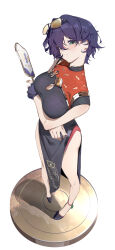 1girl absurdres arms_under_breasts belle_(zenless_zone_zero) black_dress black_gloves black_shoes blue_hair breasts china_dress chinese_clothes cosplay dress eyewear_on_head fingerless_gloves from_above full_body gloves green_eyes hand_fan highres holding holding_fan large_breasts looking_at_viewer looking_up pelvic_curtain qian_qian_qian shoes short_hair simple_background single_glove sleeveless sleeveless_dress solo standing sweety_(zenless_zone_zero) sweety_(zenless_zone_zero)_(cosplay) tinted_eyewear tuanshan white_background yellow-tinted_eyewear zenless_zone_zero