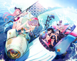 4girls atelier_(series) character_request driving flag hair_over_one_eye multiple_girls noco_(adamas) ocean pink_hair swimsuit water_gun