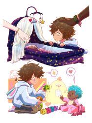 1boy 3girls alice_(redrumalice) animal_hood arcane:_league_of_legends baby bed brown_hair brown_pants dark-skinned_male dark_skin ekko_(league_of_legends) eye_contact green_hair heart highres hood hood_down hoodie if_they_mated isha_(arcane) jinx_(league_of_legends) league_of_legends looking_at_another multiple_girls nail_polish official_alternate_hair_color pants plaid_clothes plaid_pants rabbit_hood short_hair smile speech_bubble spoken_heart stuffed_chicken white_hoodie