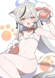1girl absurdres animal_ear_fluff animal_ears animal_hands bikini black_hair blue_archive blue_halo breasts collarbone daredattakke flat_chest gloves grey_hair halo hand_up highres kokona_(blue_archive) long_hair looking_at_viewer micro_bikini multicolored_hair navel open_mouth orange_eyes paw_gloves paw_print simple_background sitting solo streaked_hair sweat swimsuit tail thighs tiger_ears tiger_girl white_background white_bikini white_gloves