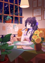 1girl absurdres book bow chayinlulu closed_mouth couch flower hair_bow highres holding holding_pen honkai_(series) honkai_impact_3rd long_hair moon night night_sky notebook painting_(object) pen pillow pink_shirt plant pot potted_plant purple_eyes purple_hair raiden_mei shirt short_sleeves sitting sky smile solo star_(sky) starry_sky sunflower table