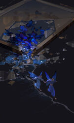 2girls barefoot blue_butterfly broken_glass bug butterfly butterfly_girl butterfly_wings crop_top fleeing full_body glass glass_shards highres holding_hands ibuki_satsuki insect insect_wings jewelry long_hair long_skirt midriff mini_person minigirl multiple_girls necklace original pleated_skirt running skirt wings