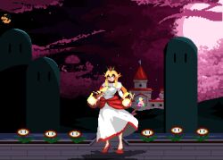 1girl animated animated_gif blonde_hair blue_eyes castle comet crown dress elbow_gloves english_text fire fire_flower fire_peach full_body gloves high_heels long_hair looking_at_viewer looping_animation mario_(series) night nintendo open_mouth outdoors pixeltoast princess_peach red_footwear sidelocks sky solo standing star_(sky) starry_sky super_mario_3d_world white_dress white_gloves