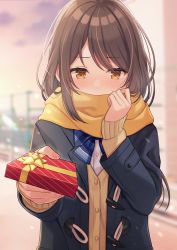 1girl blue_bow blue_bowtie blue_jacket blurry blurry_background blush bow bowtie box brown_eyes brown_hair cardigan cloud commentary_request covered_mouth holding holding_box jacket long_hair long_sleeves looking_down nose_blush orange_scarf original outstretched_arm scarf school_uniform shiromikan shirt sky solo sunset valentine white_shirt