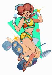 1girl ^_^ baseball_cap biddybuggy bikini bikini_shorts breasts brown_hair closed_eyes commentary earrings feet flower_earrings full_body gloves hands_up happy hat highres jewelry mario_(series) mario_kart mario_kart_world medium_hair midriff motor_vehicle navel nintendo open_mouth orange_sandals ponytail princess_daisy princess_daisy_(swimwear)_(mario_kart_world) sandals shimadai587779 shorts small_breasts smile solo sparkle swimsuit teeth thighs toes upper_teeth_only white_background white_gloves yellow_bikini
