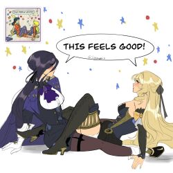 2girls archie ascot bare_shoulders betty_cooper between_legs black_footwear black_pantyhose black_ribbon black_shorts blonde_hair blue_eyes blush breasts cape clorinde_(genshin_impact) closed_mouth english_text genshin_impact hair_ribbon highres long_hair looking_at_another medium_breasts multiple_girls navia_(genshin_impact) open_mouth pantyhose purple_ascot purple_cape purple_hair reference_inset ribbon seijousai shirt shorts simple_background speech_bubble star_(symbol) twitter_username veronica_lodge white_background white_shirt yuri