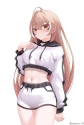 1girl ahoge alternate_costume black_choker black_hair blush brown_eyes brown_hair choker commentary cropped_hoodie crossed_bangs double-parted_bangs drawstring hair_between_eyes hand_up highres hololive hololive_english hood hoodie long_hair looking_at_viewer midriff multicolored_hair nanashi_mumei navel noeee parted_lips short_shorts shorts simple_background solo streaked_hair very_long_hair virtual_youtuber white_background white_hair white_hoodie white_shorts