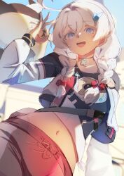 black_shirt blue_eyes braid hair_ornament highres honkai:_nexus_anima honkai_(series) jacket kiana_kaslana long_hair midriff mofumanju navel open_mouth pants red_pants shirt smile star-shaped_pupils star_(symbol) star_hair_ornament symbol-shaped_pupils teeth twin_braids upper_teeth_only white_hair white_jacket