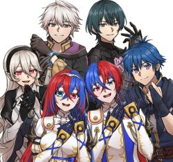 Rule 34 | 2girls, 4boys, black gloves, black hairband, blue eyes, blue gloves, blue hair, breasts, brown eyes, closed mouth, commentary request, crossed bangs, dual persona, female alear (fire emblem), female corrin (fire emblem), fire emblem, fire emblem: new mystery of the emblem, fire emblem: three houses, fire emblem awakening, fire emblem engage, fire emblem fates, gloves, green hair, grey hair, hair between eyes, hairband, heterochromia, highres, jewelry, long hair, looking at viewer, male alear (fire emblem), male byleth (fire emblem), male kris (fire emblem), male robin (fire emblem), multicolored hair, multiple boys, multiple girls, nintendo, open mouth, pointy ears, red eyes, red hair, ring, short hair, simple background, smile, split-color hair, teeth, tiara, two-tone hair, upper teeth only, very long hair, white background, white hair, zuzu (ywpd8853)
