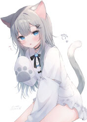 Rule 34 | 1girl, :p, absurdres, animal ear fluff, animal ears, blue eyes, blush, cat ears, cat girl, cat tail, closed mouth, commentary request, dress, frilled sleeves, frills, grey hair, hair between eyes, hair ornament, hairclip, highres, indie virtual youtuber, long hair, long sleeves, nachoneko, rucaco, signature, simple background, sitting, sleeves past fingers, sleeves past wrists, smile, solo, tail, tongue, tongue out, translation request, very long hair, virtual youtuber, white background, white dress