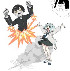 1girl 2boys :d ^^^ aqua_hair arms_up black_skirt blue_eyes character_request cut-in dusk gakuran highres kneehighs long_sleeves multiple_boys open_mouth robot robot_boy school_uniform schuler seitokai_ni_mo_ana_wa_aru! serafuku shoes simple_background skirt smile socks twintails uwabaki white_background white_socks