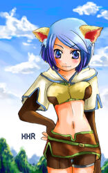 1girl 2000s_(style) animal_ear_fluff animal_ears blue_eyes blue_hair blue_sky blush breasts brown_gloves brown_shirt brown_shorts brown_skirt cat_ears cat_girl closed_mouth cloud commentary_request cowboy_shot crop_top cropped_jacket dated_commentary day elbow_gloves fingerless_gloves gloves hunter_(ragnarok_online) jacket kaisanbutsu looking_at_viewer lowres medium_breasts midriff miniskirt navel outdoors ragnarok_online shirt short_hair short_shorts short_sleeves shorts shorts_under_skirt skirt sky smile solo white_jacket