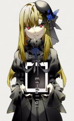 1girl black_dress blonde_hair blue_flower blue_rose bow copyright_name dress earrings fate_(series) female_focus flower frilled_dress frills hat hat_flower hat_ribbon highres jewelry juliet_sleeves long_hair long_sleeves lord_el-melloi_ii_case_files puffy_sleeves red_eyes redoxhn reines_el-melloi_archisorte ribbon rose solo tilted_headwear