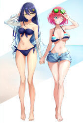 2girls amate_yuzuriha arm_at_side arm_behind_head arm_up bare_arms bare_legs bare_shoulders barefoot bikini bikini_under_shorts blue_bikini blue_eyes blue_hair blue_shorts breasts cleavage closed_mouth collarbone earrings eyewear_on_head front-tie_bikini_top front-tie_top full_body gluteal_fold green-tinted_eyewear grin gundam gundam_gquuuuuux hair_between_eyes hair_ornament hairclip halterneck holding_hands jacket jacket_partially_removed jewelry large_breasts long_hair looking_at_viewer medium_breasts multicolored_bikini multiple_girls narrow_waist navel nyaan_(gundam_gquuuuuux) one_eye_closed open_clothes open_jacket open_shorts parallel_hairclips red_hair see-through_clothes see-through_jacket shiraiwa_usagi short_hair short_shorts shorts side-tie_bikini_bottom smile standing strapless strapless_bikini string_bikini striped_bikini striped_clothes sunglasses swept_bangs swimsuit thigh_gap tinted_eyewear toes v v-shaped_eyebrows v_over_head wide_hips yellow_eyes