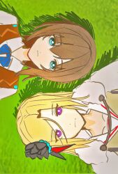2girls aoi_erika black_hair blonde_hair breasts cape flower fur-trimmed_cape fur_trim hair_flower hair_ornament heaven_burns_red highres lying minase_ichigo multiple_girls on_grass on_side shirt short_hair vest