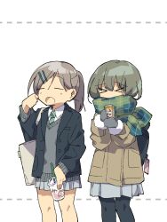 &gt;_&lt; 2girls backpack bag black_jacket black_pantyhose blazer brown_coat closed_eyes coat collared_shirt cup disposable_cup grey_skirt hair_ornament hairclip highres hime_takeo holding holding_cup jacket mittens multiple_girls open_clothes open_jacket open_mouth original pantyhose plaid_clothes plaid_scarf ponytail scarf shirt short_hair simple_background skirt sweater_vest white_shirt
