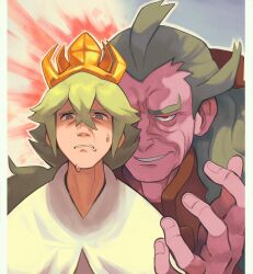 2boys coat crown ghetsis_(pokemon) green_hair grey_eyes highres lynn_(daisiloou) male_focus multiple_boys n_(pokemon) nintendo pillarboxed pokemon pokemon_bw red_eyes sweat team_plasma white_coat