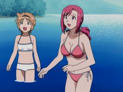 00s 1boy 2girls animated animated_gif anime_screenshot ball beachball bikini bouncing_breasts breasts headband kazami_mizuho kusanagi_kei large_breasts multiple_girls onegai_twins open_mouth ova pink_hair ponytail purple_eyes shidou_haruko small_breasts surprised swimsuit teacher untied wardrobe_malfunction water