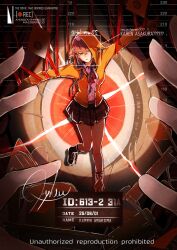animal animal_on_head asakura_karen_(heaven_burns_red) black_hair boots bow desk heaven_burns_red highres hood hood_up hooded_jacket hydroxy_122 jacket long_hair long_sleeves on_head pov puppet_strings red_bow skirt solo_focus yellow_eyes