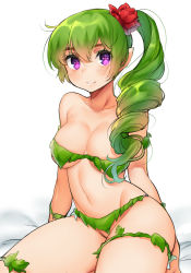 1girl bare_shoulders blush breasts collarbone cowboy_shot dryad_(terraria) female_focus flower green_hair hair_flower hair_ornament large_breasts looking_at_viewer naso4 parted_lips pointy_ears ponytail purple_eyes red_flower simple_background sitting smile solo terraria thighs white_background