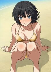 1girl absurdres amagami beach bikini black_hair breasts collarbone commentary gold_bikini grey_eyes highres looking_at_viewer medium_breasts nanasaki_ai short_hair sitting solo swimsuit yuuyuu_(3jjbn)