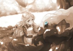 1girl alicia_(pokemon) apron blue_eyes blush breasts closed_mouth dappled_sunlight darkrai day dress eye_contact female_focus gen_4_pokemon grass hands_up happy highres legendary_pokemon light_blush long_hair long_sleeves looking_at_another monochrome mythical_pokemon nintendo outdoors pokemon pokemon:_the_rise_of_darkrai pokemon_(anime) pokemon_(creature) pokemon_dppt_(anime) sepia sitting small_breasts smile spot_color sunlight tree yuki56