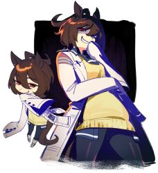 1girl agnes_tachyon_(umamusume) ahoge animal_ears black_pantyhose boots brown_hair coat grin hair_between_eyes hand_to_own_mouth highres horse_ears horse_girl horse_tail lab_coat long_sleeves looking_at_viewer multiple_views pantyhose red_eyes shaded_face signature simple_background sleeves_past_fingers sleeves_past_wrists smile smug sweater tail umamusume white_boots yellow_sweater zambiie